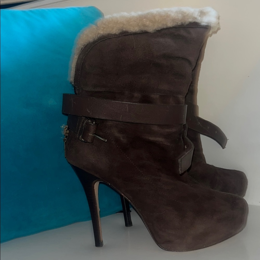 Rupert Sanderson Brown Heeled Boots with Stiletto Heel and Faux Fur Cuff